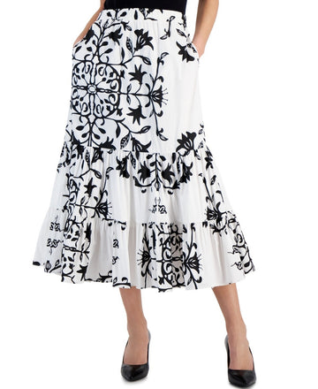 T Tahari Women's Printed Pull-On Tiered Midi Skirt WHITE Size XL MSRP $118