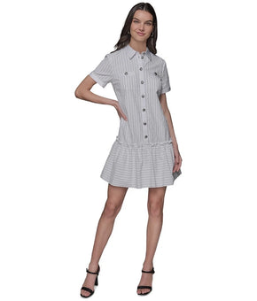 KARL LAGERFELD Embellished Shirred Shirtdress Spread Collar White Size 8 $168