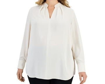 Anne Klein Women Spilt Neckline Pleated Pullover Blouse Anne White Plus Size 1X