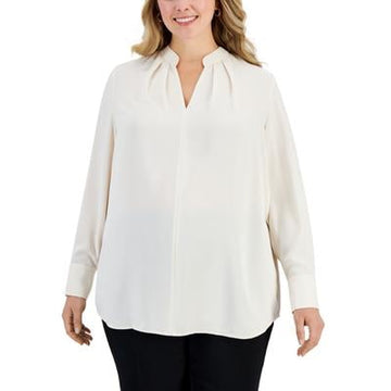 Anne Klein Women Spilt Neckline Pleated Pullover Blouse Anne White Plus Size 1X