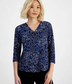 Jones New York Petite Size PM Printed Embellished 3/4-Sleeve Top Navy Blue $60