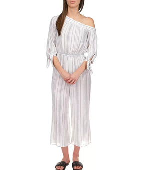 MICHAEL KORS Chambray Asymmetric One-Shoulder Jumpsuit Blue White Size M $175