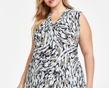 Kasper Plus Size Printed Knot-Front Top BLACK GREEN Size 3X MSRP $59