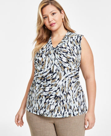 Kasper Plus Size Printed Knot-Front Top BLACK GREEN Size 3X MSRP $59
