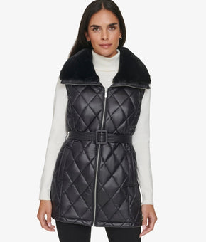 Calvin Klein Women's Quilted Faux-Fur Collar Vest Black Size S MSRP $130