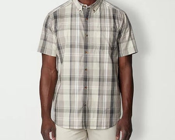 Columbia Mens Regular fit Short Sleeve Button-Up Shirt Small Beige Plaid