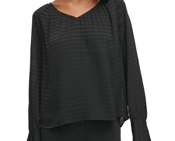 Calvin Klein Womens V-Neck Textured Blouse Black Size S