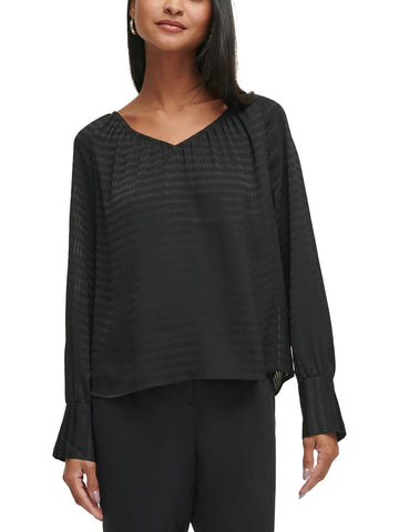 Calvin Klein Womens V-Neck Textured Blouse Black Size S