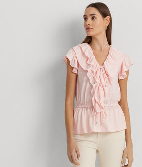 Lauren Ralph Lauren Ruffled Flutter-Sleeve Peplum Top Pink Size L MSRP $125