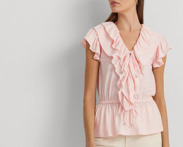 Lauren Ralph Lauren Women's Ruffled Flutter-Sleeve Peplum Top Pink Size XL $125