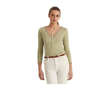 RALPH LAUREN Womens Green Lace 5 Button Placket V Top Green Size XL MSRP $80