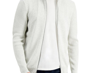 INC Mens Cotton Ribbed Trim Full Zip Sweater Gray Size XXL