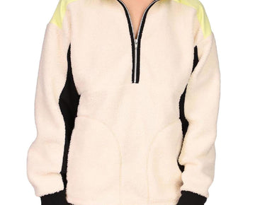 Sanctuary Womens Fireside Shearling Colorblock 3/4 Zip Pullover Size XXS Ivory
