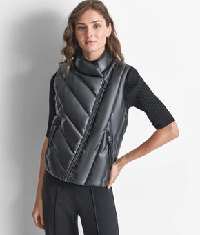 DKNY Women's Faux-Leather Zip-Front Puffer Vest Black Size L MSRP $129