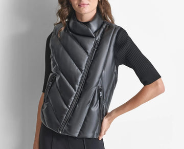 DKNY Women's Faux-Leather Zip-Front Puffer Vest Black Size L MSRP $129