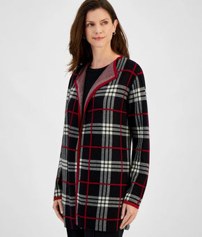 Kasper Petite Plaid Open-Front Cardigan Black Red Size PL MSRP $119