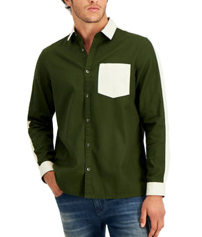 INC 100% Cotton Men Kendar Colorblocked Shirt Olive Green Size L MSRP $65