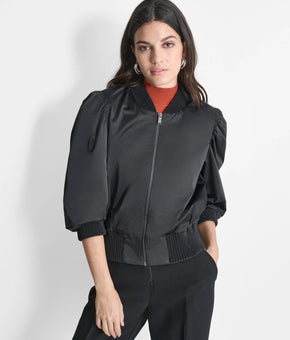 DKNY Jacket Womens Size M Black Bomber Puff 3/4 Sleeve Ribbed Hem $139