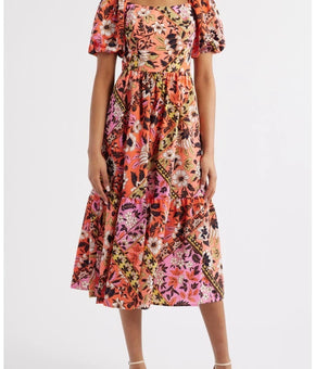 Vince Camuto Print Square Neck Puff Sleeve Maxi Dress Lined Orange size 4 $158