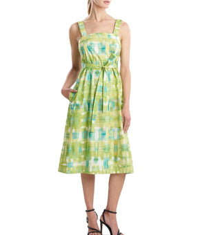 Natori Women's Printed Tie-Waist Cotton Midi Dress Green Size L MSRP $165