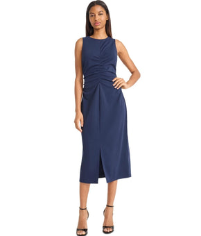 Donna Morgan Women's V-Neck Sleeveless Midi Crepe Dress Navy Blue Size 2 $118