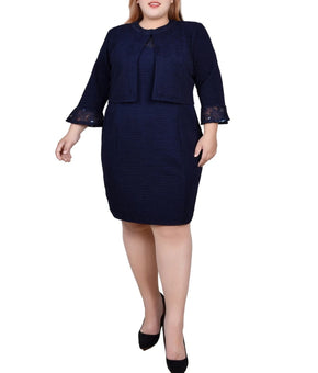 NY Collection Plus Size 20W Novelty Knit Lace Dress, 2 Pieces Set Blue SALE $65