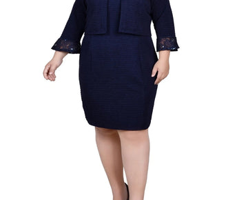 NY Collection Plus Size 22W Novelty Knit and Lace Dress, 2 Piece Set Blue $65