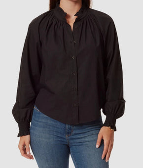 Anne Klein Women's Black Poplin Ruffle Collar Blouse Cotton Top Size L MSRP $80