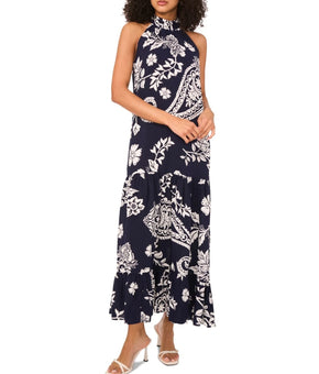 MSK Women's Mock-Neck Paisley-Print Tiered Rayon Dress Navy Blue Size L $69