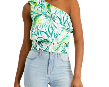 Bar Iii Printed One-Shoulder Top Women's green Size L MSRP $45