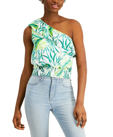 Bar Iii Printed One-Shoulder Top Women's green Size L MSRP $45