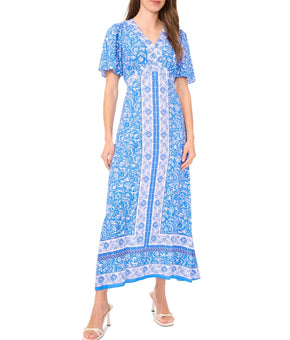 MSK Printed Short-Sleeve Maxi Dress Women's Size L Palace Blue V-Neck $99