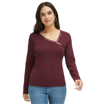 Calvin Klein Women Embellished Asymmetrical Knit Blouse, Purple, Size M MSRP $80