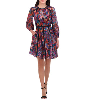 Vince Camuto Metallic Chiffon Fit & Flare Dress Black Purple Size 14 MSRP $168