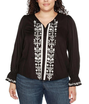 Belldini Blouse Womens Plus Size 1X Black Embroidered Boho Tassel Tunic $78