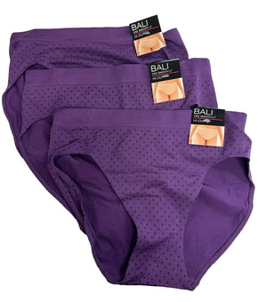 Bali womens Soft 3PK Smooth U Hi-Cut Brief Size XL/8 Dark Purple Black Dots