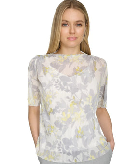 Calvin Klein Printed Mock Neck Light Short-Sleeve Top Ivory Petite Size PM $79