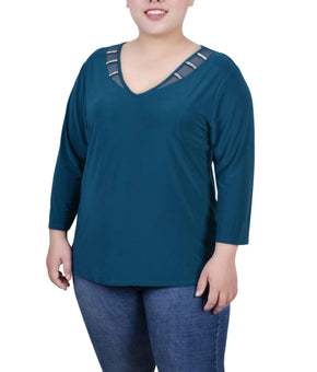 NY Collection Blouse Womens Plus Size 1X Blue V Neck Rhinestone Strap NWT
