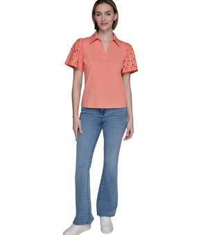KARL LAGERFELD Cotton Women's Mixed-Media Eyelet Knit Top Coral Red Size XS $89