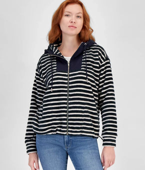 Nautica Jeans Women's Striped Hooded Zip-Up Sweatshirt Size XL Navy MSRP $110