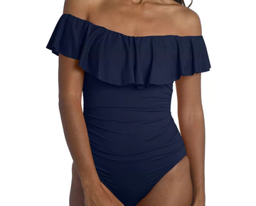 LA BLANCA Island Goddess Off-Shoulder Tummy-Control Swimsuit Blue Size 16 $130
