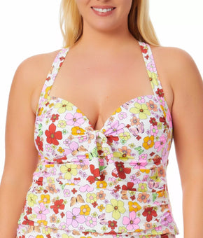 California Waves Swimwear Top Plus Size 2X Floral-Print Floral Flutter White