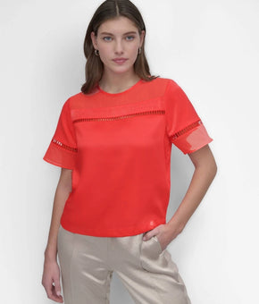 DKNY Women's Crewneck Ladder-Lace-Inset Short-Sleeve Top Red Size XS MSRP $69