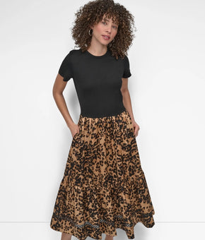 DKNY NEW Women Mixed Media polyester Round Neck Dress Black Brown Size S $139