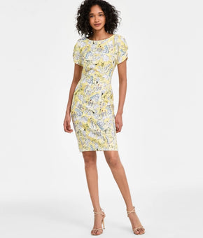 KARL LAGERFELD Women polyester Printed Ruched-Sleeve Dress Yellow Size 12 $128