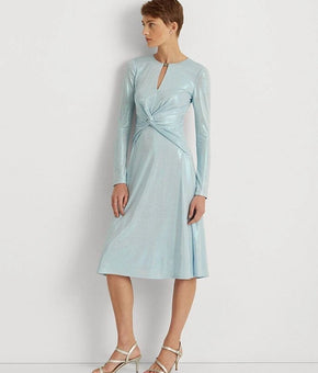 LAUREN RALPH LAUREN Long-Sleeve Foiled Jersey Dress Light Blue Size 14 MSRP $245