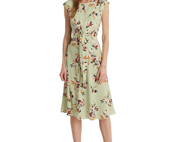 LAUREN RALPH LAUREN Gree Floral Cap Sleeve Fit + Flare Dress Petites Size 14P