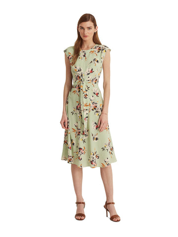 LAUREN RALPH LAUREN Gree Floral Cap Sleeve Fit + Flare Dress Petites Size 14P