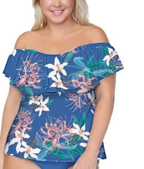 Raisins Blue Plus Size 22W Floral Ruffle Off the Shoulder Swim Tankini Top Blue
