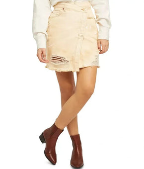 Free People Skirt Women Size 26 Beige Denim Mini Distressed High Rise Frayed $68